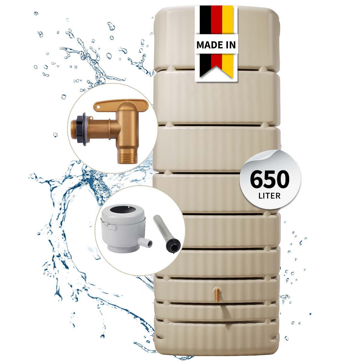 WANDTANK Komplett-Set 650 L sandbeige inkl. Kunststoff-Auslaufhahn und Fallrohranschluss - Sandfarben, Kunststoff (79/210/52cm) - 4rain