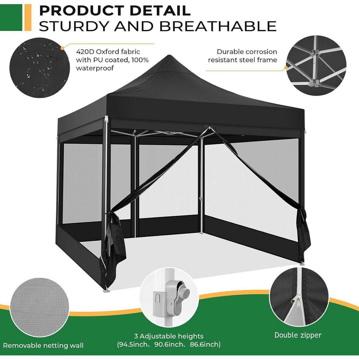 FALTPAVILLON 300 x 300 cm Schwarz mit Moskitonetz - Schwarz, Textil (300/335/300cm)