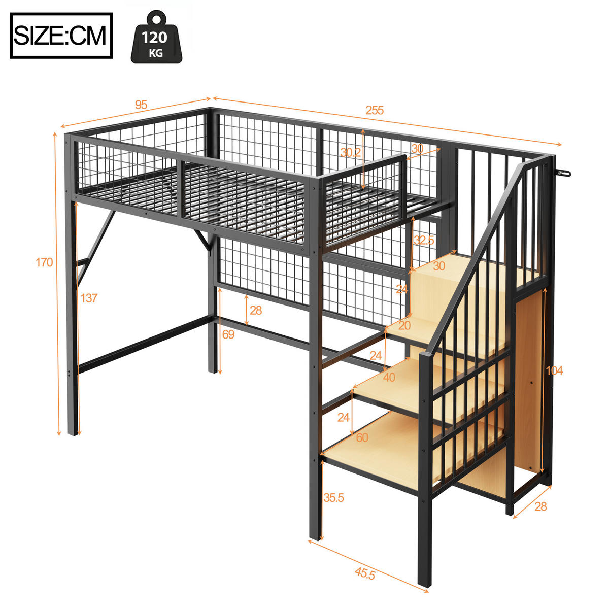 HOCHBETT 90/200 cm Schwarz Metall mit LED-Beleuchtung und Stauraumtreppe - Schwarz, Metall (90/200cm) - OKWISH