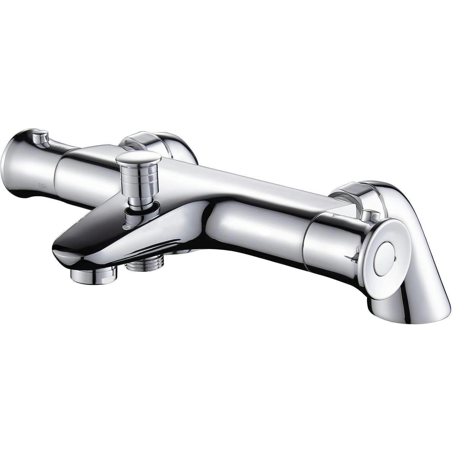 BADEWANNENARMATUR Thermostat Messing Chrom mit 38° Sicherheitstaste und Winkelventilen - Silberfarben, Metall (15/10/18cm)