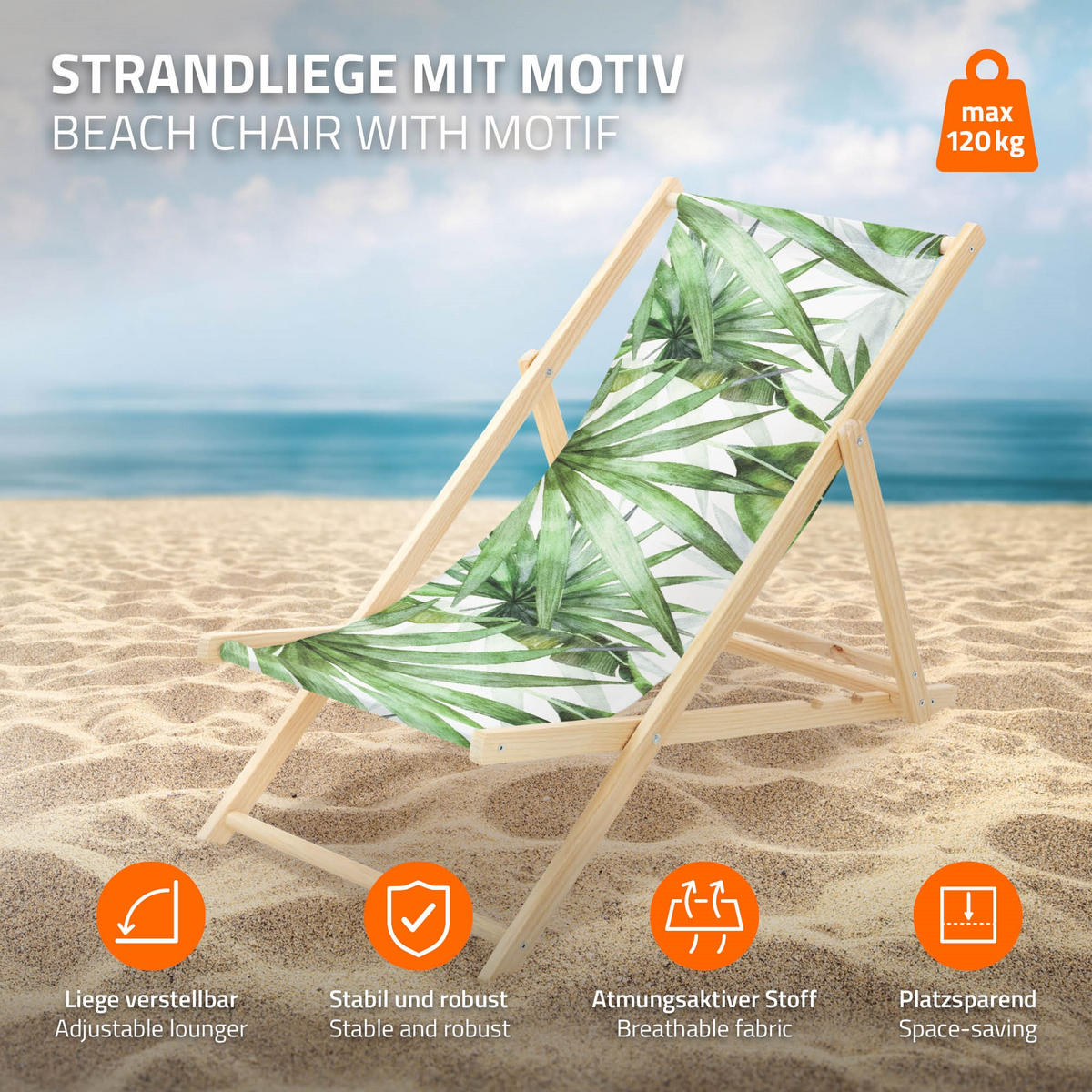 LIEGESTUHL Palme Grün-Weiß - Grün, Holz (57.5/83/100cm) - ECD-Germany