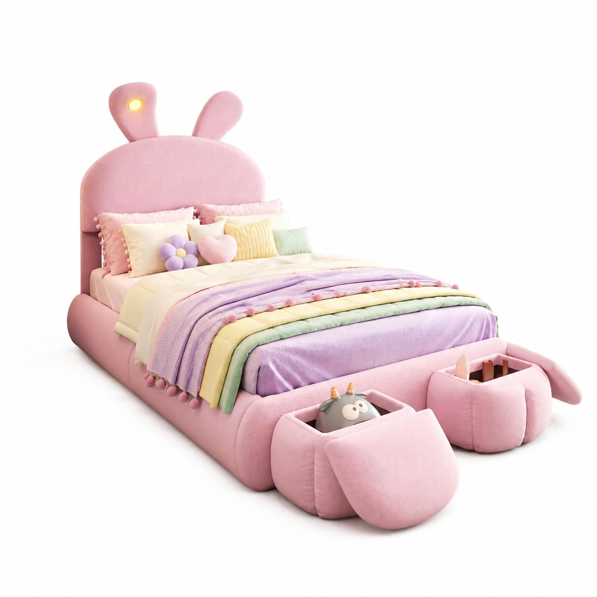 POLSTERBETT 90/200 mit LED, Aufbewahrungshockern und verstellbarem Kopfteil in Rosa - Rosa, Holzwerkstoff/Textil (90/200cm) - EVRYAE