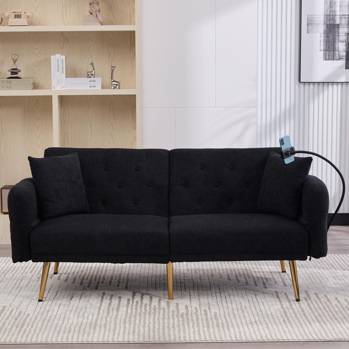 SCHLAFSOFA mit verstellbarer Rückenlehne und USB-Anschlüssen Schwarz Chenille 173/78/78 cm - Schwarz, Textil (173/78/78cm) - OKWISH