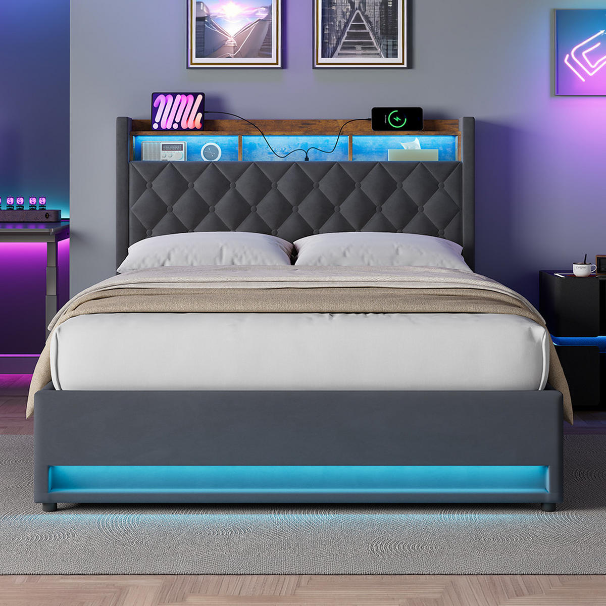 POLSTERBETT 140/200 cm mit Bettkasten und Steckdose Boxspringbett mit USB und LED-Licht Stauraumbett ohne Matratze - Grau, Holzwerkstoff/Textil (140/200cm) - STILVORA