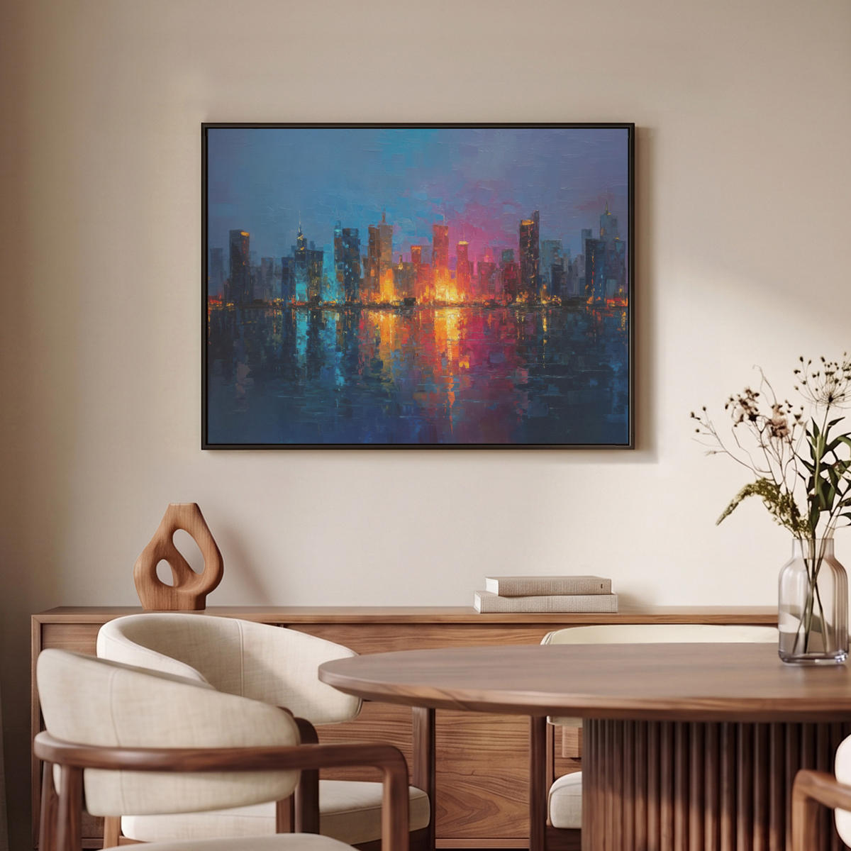 LEINWAND Bilder mit Rahmen - Skyline - Pinselstriche - Dunkelblau - Leuchtend - 70x50 - Blau, Textil (70/50cm) - MuchoWow