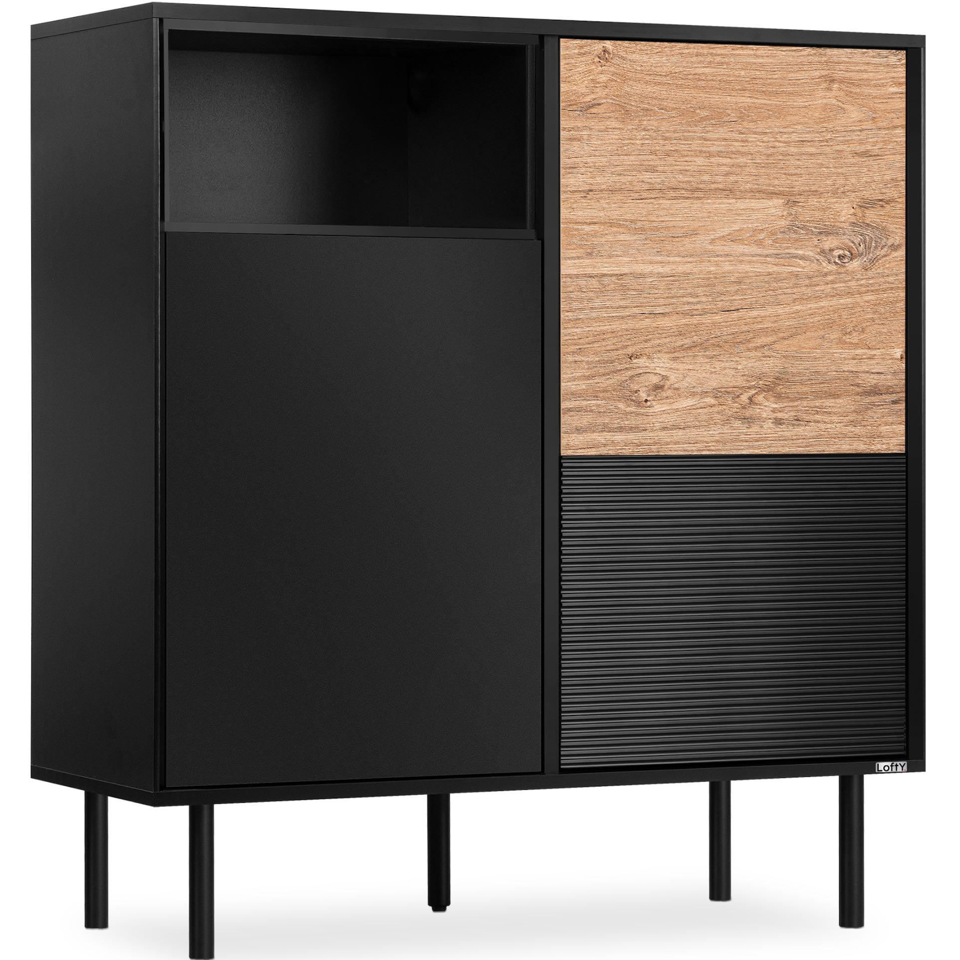 KOMMODE LOFTY Außenseiteneinlage, schwarz / Eiche natur - Eichefarben/Schwarz, Holzwerkstoff (102/109/41cm) - KONSIMO®