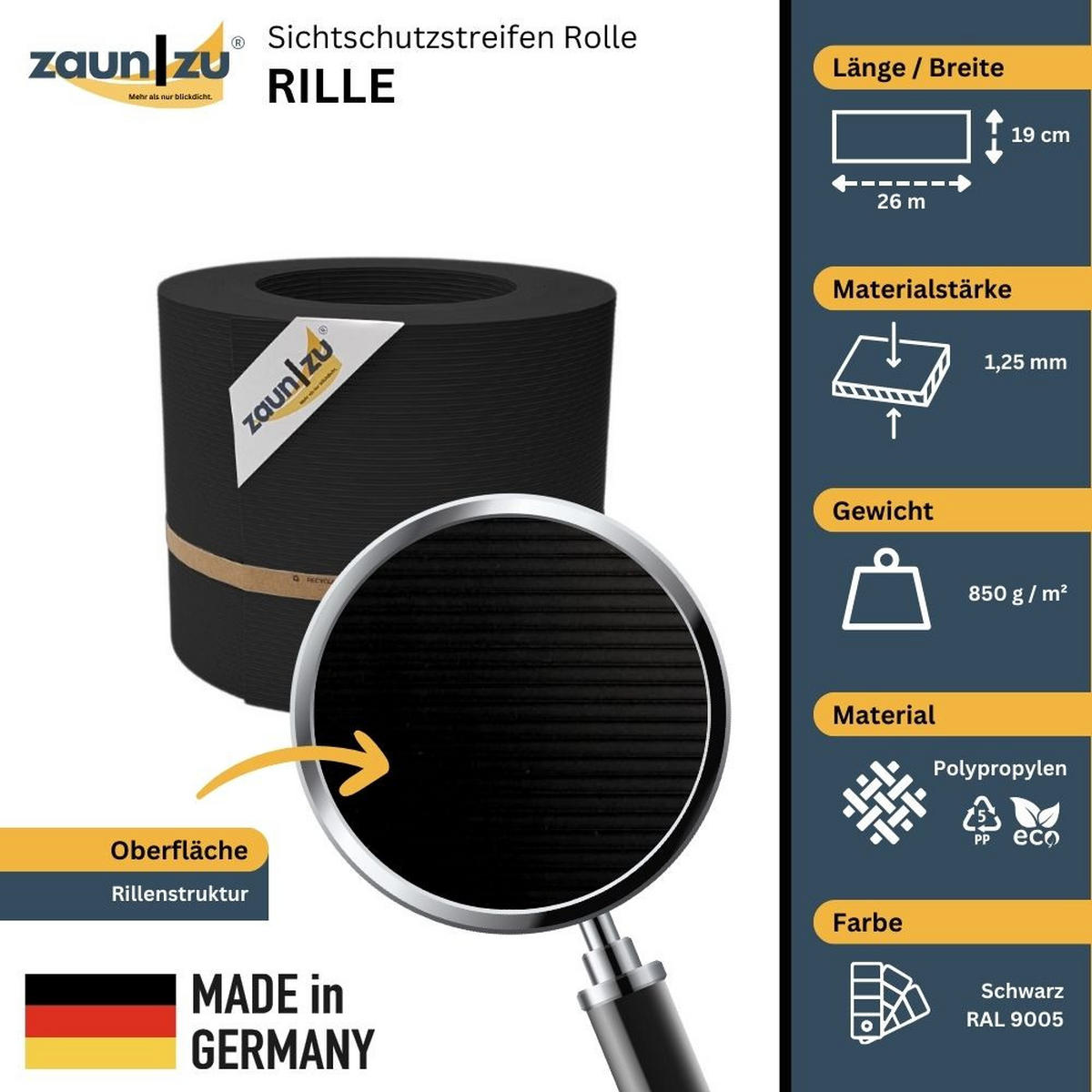 SICHTSCHUTZSTREIFEN Rille PP für Doppelstabmatten Zaun Schwarz 26m - Schwarz, Kunststoff (2600/19cm) - ZAUN|ZU