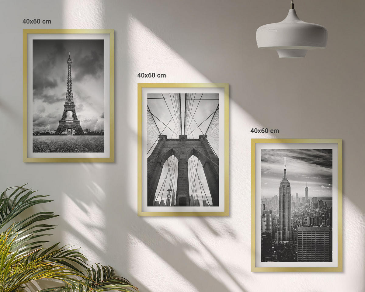BILDER SET 3er Set - 40x60 cm Goldrahmen - Monochromatische Brückentürme - Goldfarben, Kunststoff (40/60cm) - TULUP