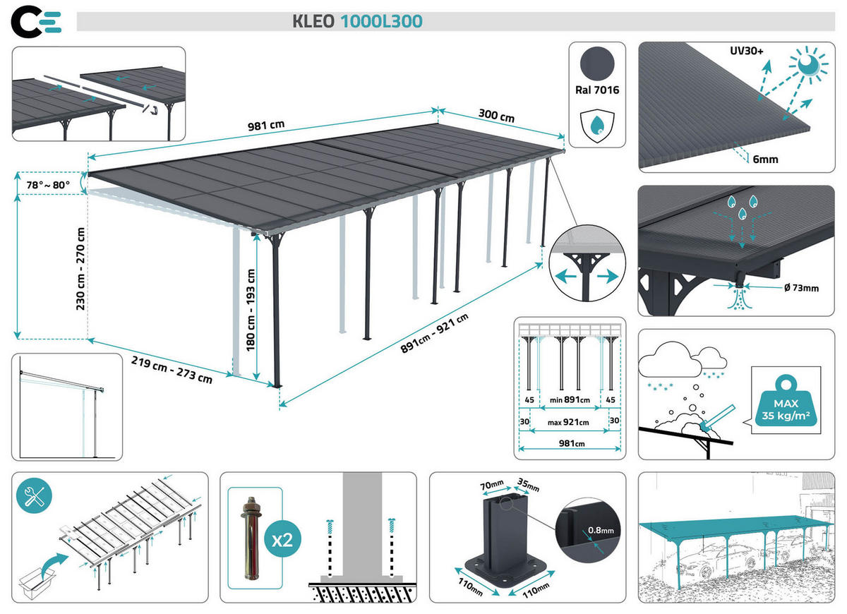 PERGOLA / CARPORT Kleo Grau 10m x 3m - Grau, Metall (990/270/300cm) - Cazeboo