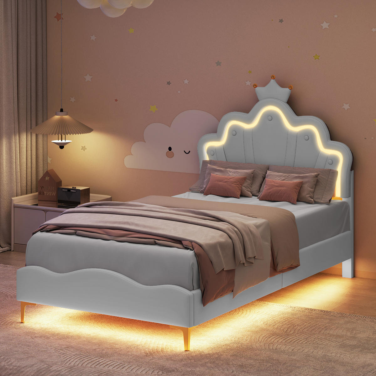 KINDERBETT 90/190 cm Weiß,Polsterbett mit Verstellbarem-Kopfteil,LED,Kunstleder - Weiß, Holz/Textil (90/190cm) - PARAFTA HOME