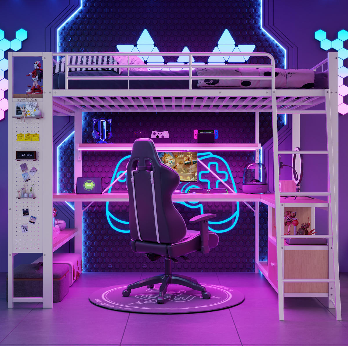 HOCHBETT aus Metall und MDF 140x200 cm Weiß mit LED-Lichtleiste, Schreibtisch, USB-Anschluss und viel Stauraum - Weiß, Metall (140/200cm) - Modfu