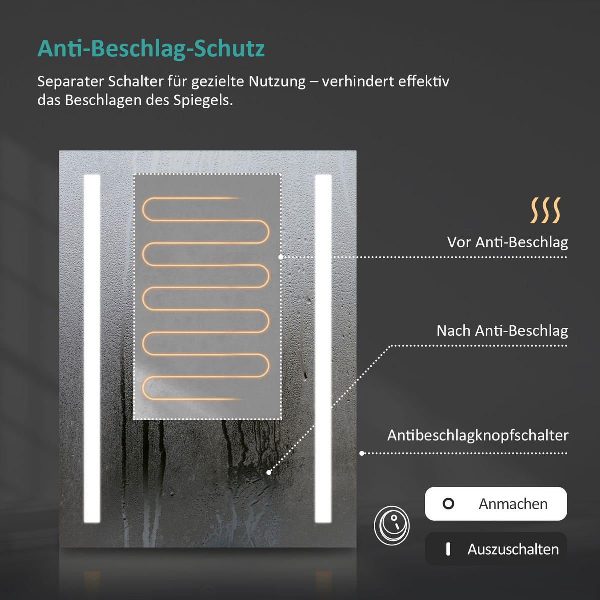 BADSPIEGEL mit Beleuchtung Kippschalter Rechteckig 80/60 cm - Transparent, Glas (80/60/3.5cm) - EMKE