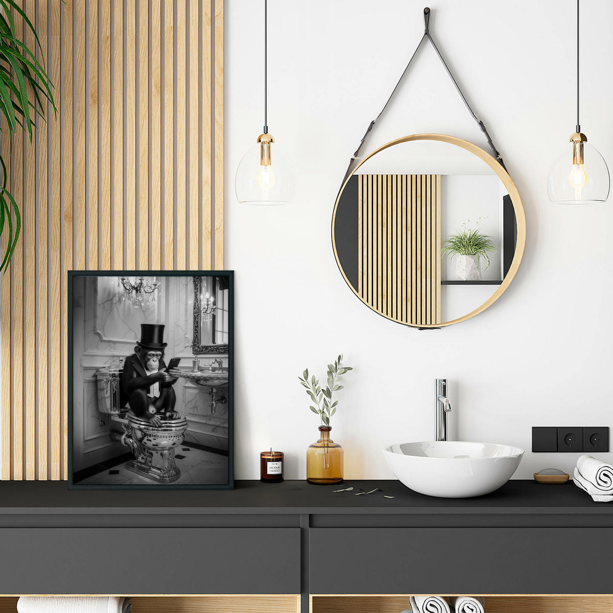 POSTER für Badezimmer WC AFFE mit Zylinder auf Toilette Abstraktion 20x30cm - Schwarz/Weiß, Papier (20/30/1cm) - Muralo