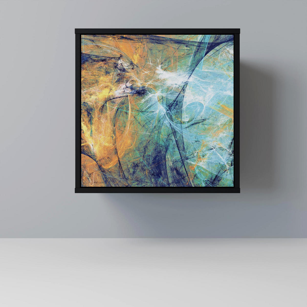 SIDEBOARD ABSTRACT THOUGHTS, Schwarz, 57,5x42x67,5 cm, Schwarze Metall-Rahmenfüße - Multicolor/Schwarz, Holzwerkstoff/Metall (57.5/67.5/42cm) - SpaceRebels