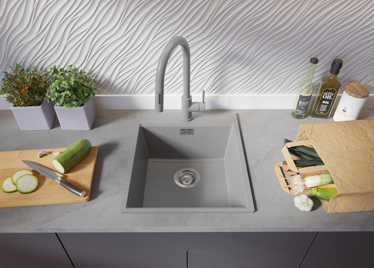 SPÜLBECKEN Oslo, 2-er set Grau 43/50 cm 1 Becken + Ablauf-Set + Schneidebrett ab 45er Unterschrank - Beige/Grau, Kunststoff (43/20/50cm) - Primagran