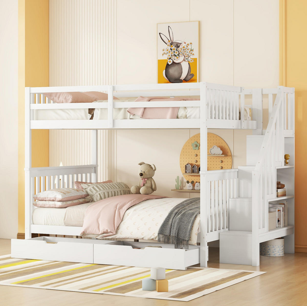ETAGENBETT 140/200 cm Weiß mit Treppenregal und 2 Schubladen - Weiß, Holz (140/200cm) - MIVRAY