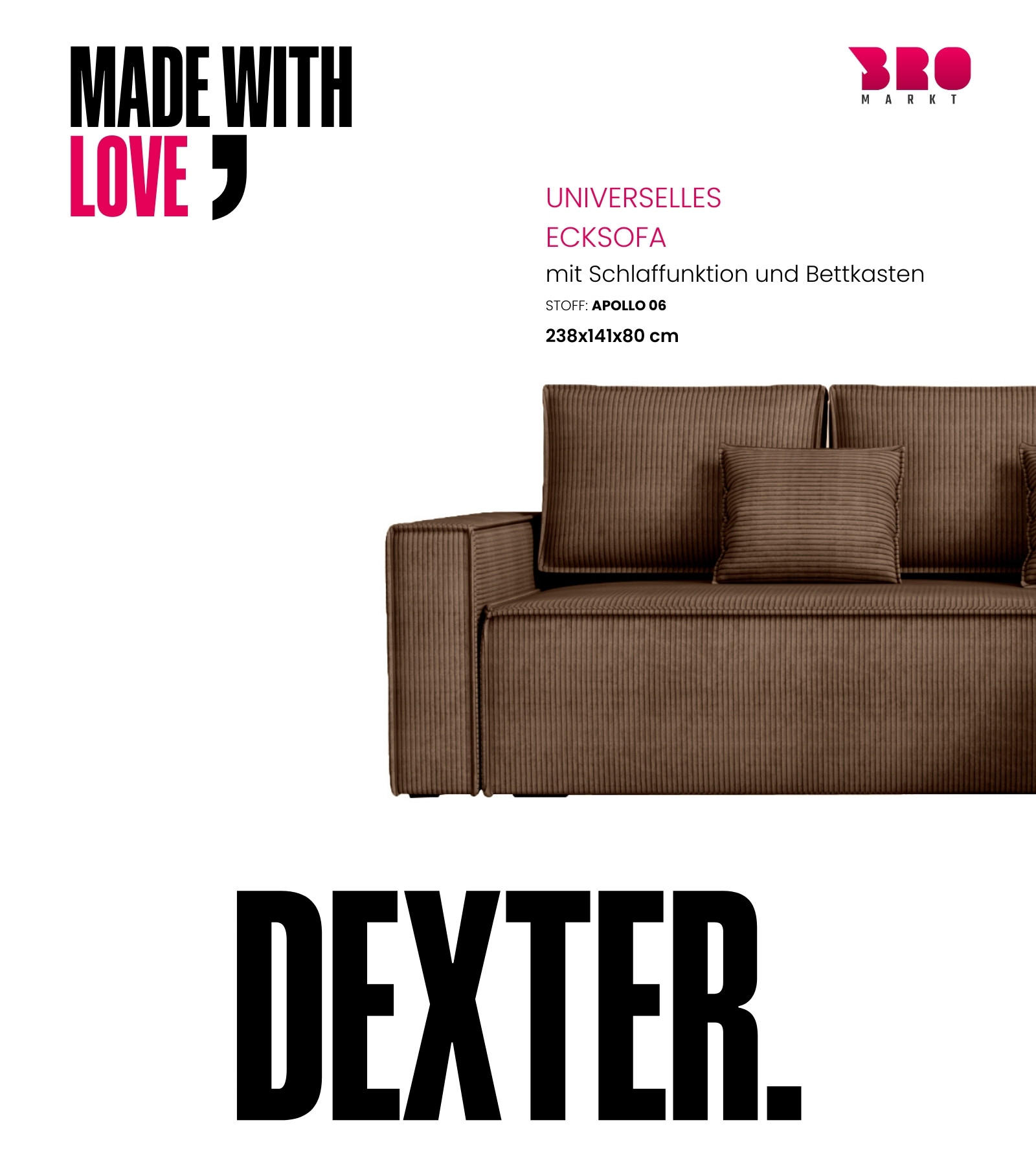 ECKSOFA Dexter mit Schlaffunktion Braun Cord - Braun, Textil (238/141cm) - Bromarkt