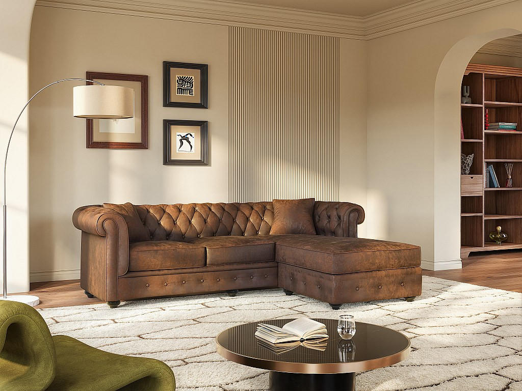 CHESTERFIELD Ecksofa - Microfaser Vintage Look - Braun - TOLEDO - Braun, Textil (163/228cm) - Vente-Unique