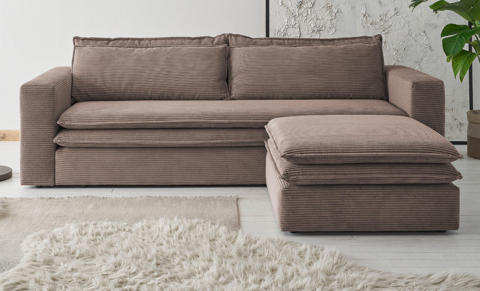 SOFA-SET braun Cord, Couch 3-Sitzer mit Bettfunktion inklusive Hocker - Beige/Braun, Holz/Textil (244/83/176cm) - Furn.Design