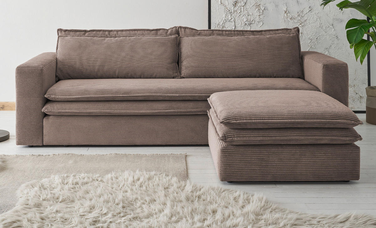 SOFA-SET braun Cord, Couch 3-Sitzer mit Bettfunktion inklusive Hocker - Beige/Braun, Holz/Textil (244/83/176cm) - Furn.Design