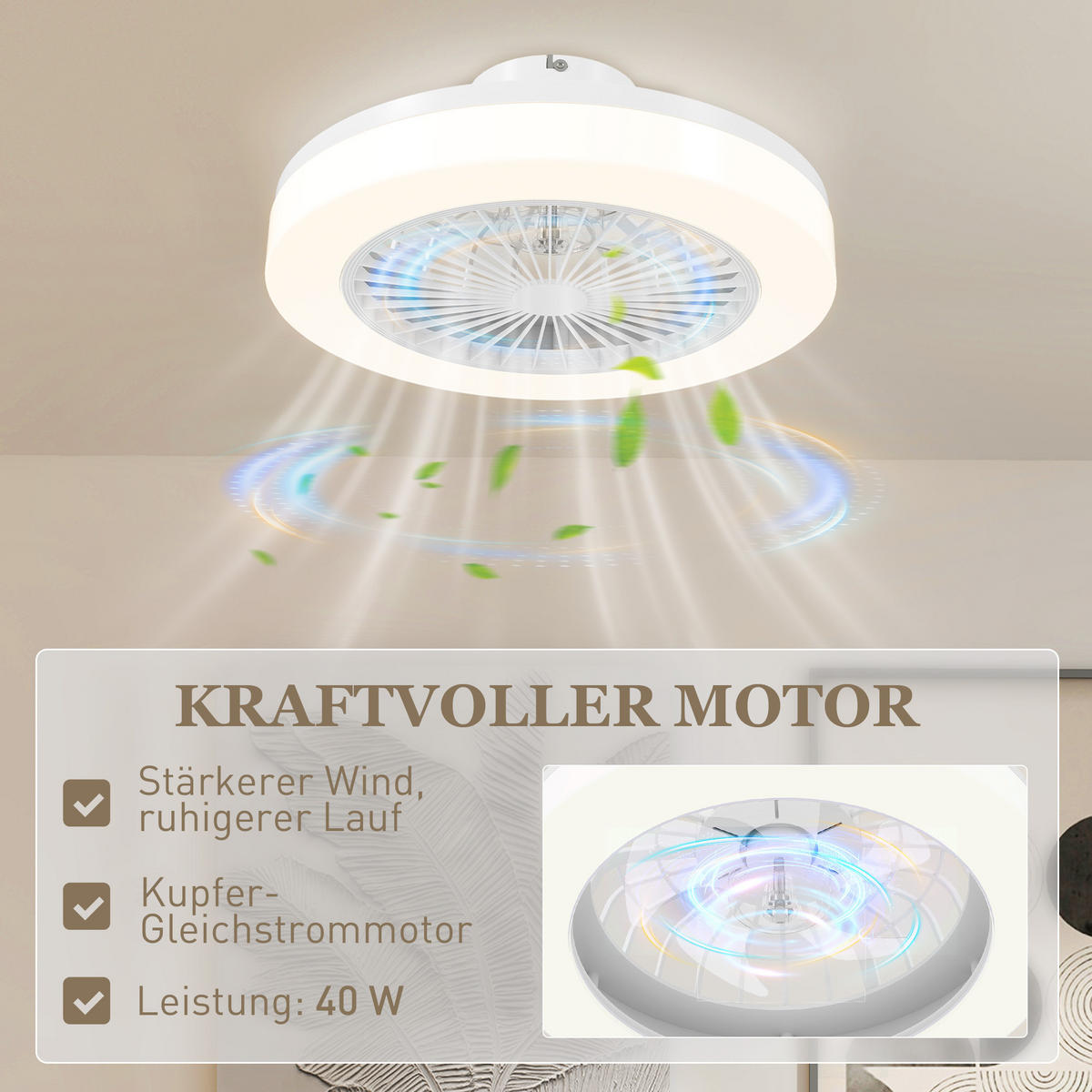 DECKENVENTILATOR mit Beleuchtung Eichenholz Weiß - Weiß, Kunststoff (46/46/16cm) - HOMCOM
