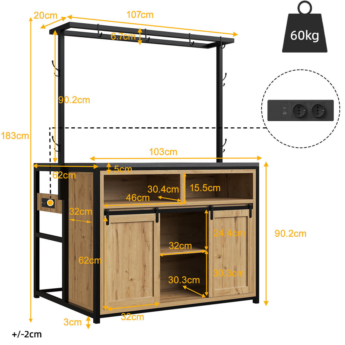 KÜCHENSCHRANK mit Arbeitsplatte 107 x 62 x 183 cm Holzoptik - Birnbaumfarben, Metall (62/183/107cm) - Beauniv
