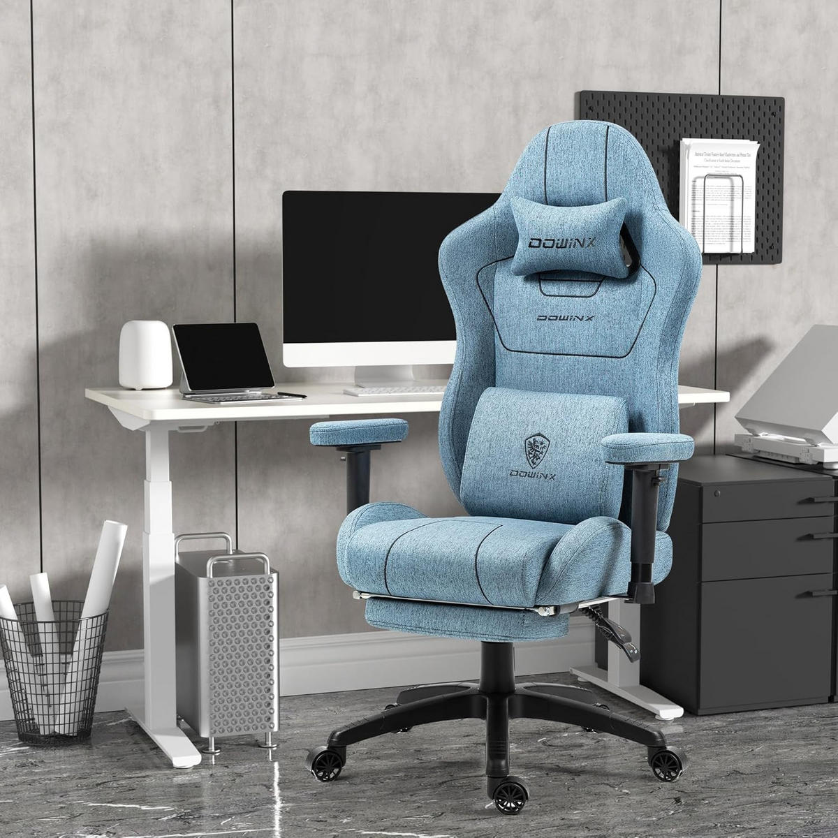 GAMING Stuhl Stoff & Taschenfederkissen PC Bürostuhl & Fußstützen - Blau, Textil (70/130/60cm)