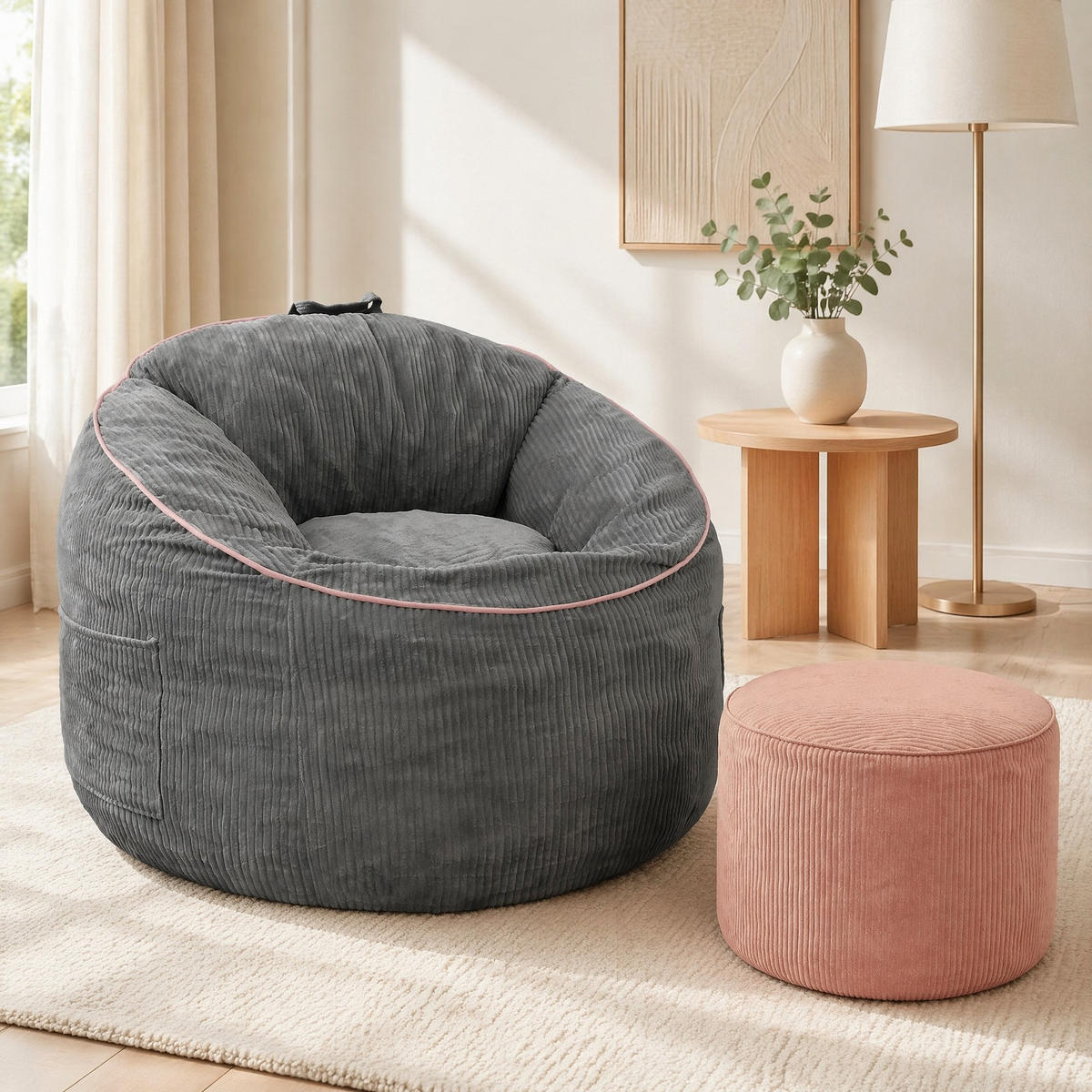 SITZSACK mit Seitentasche und Hocker Grau Flanell - Grau, Kunststoff (95/80/103cm) - Meubliv