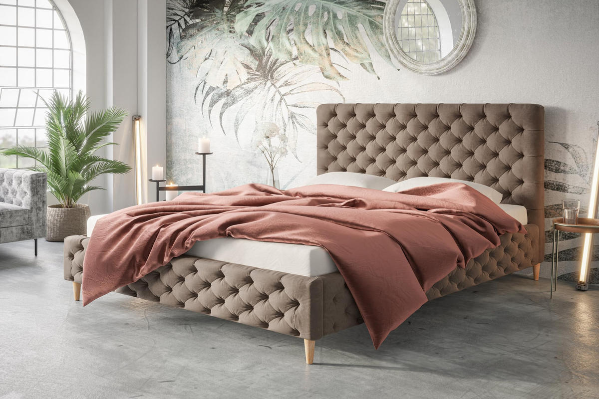 POLSTERBETT LUX Miami mit Kopfteil, 160 x 200 cm, Doppelbett mit Lattenrost aus Holz, Velourstoff Braun, Füße in Farbe: Braun - Braun, Holz/Textil (160/200cm) - Alpi-Möbel