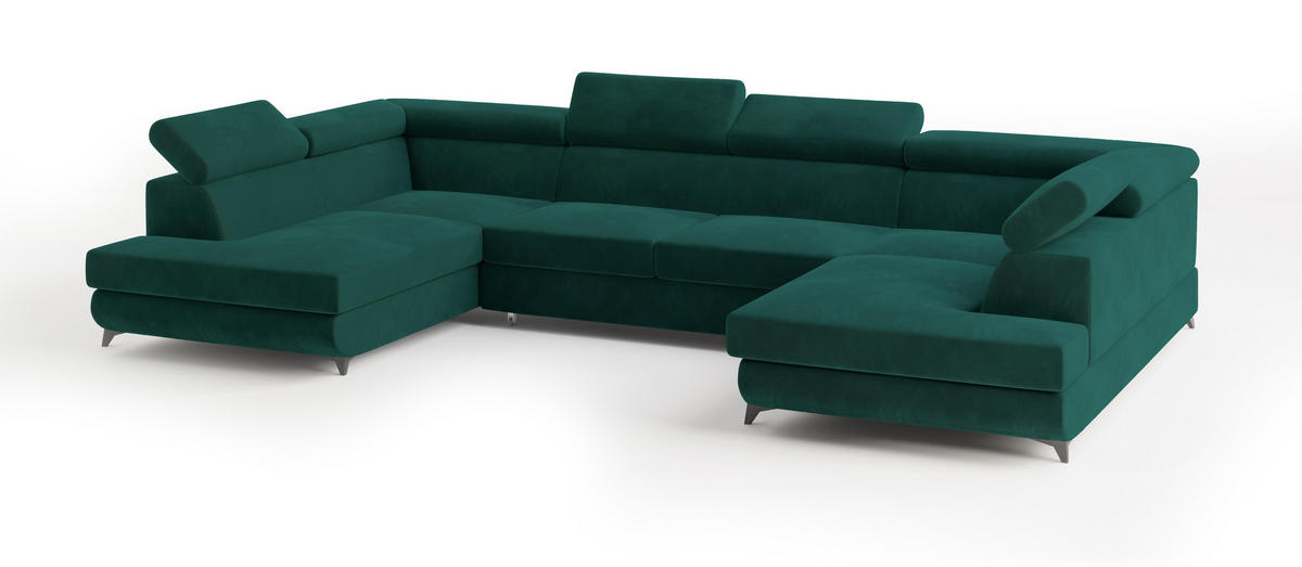 WOHNLANDSCHAFT VINTESSA Grün Velours-Stoff mit Schlaffunktion - Grün, Holz (323/89/190cm) - MASSENO