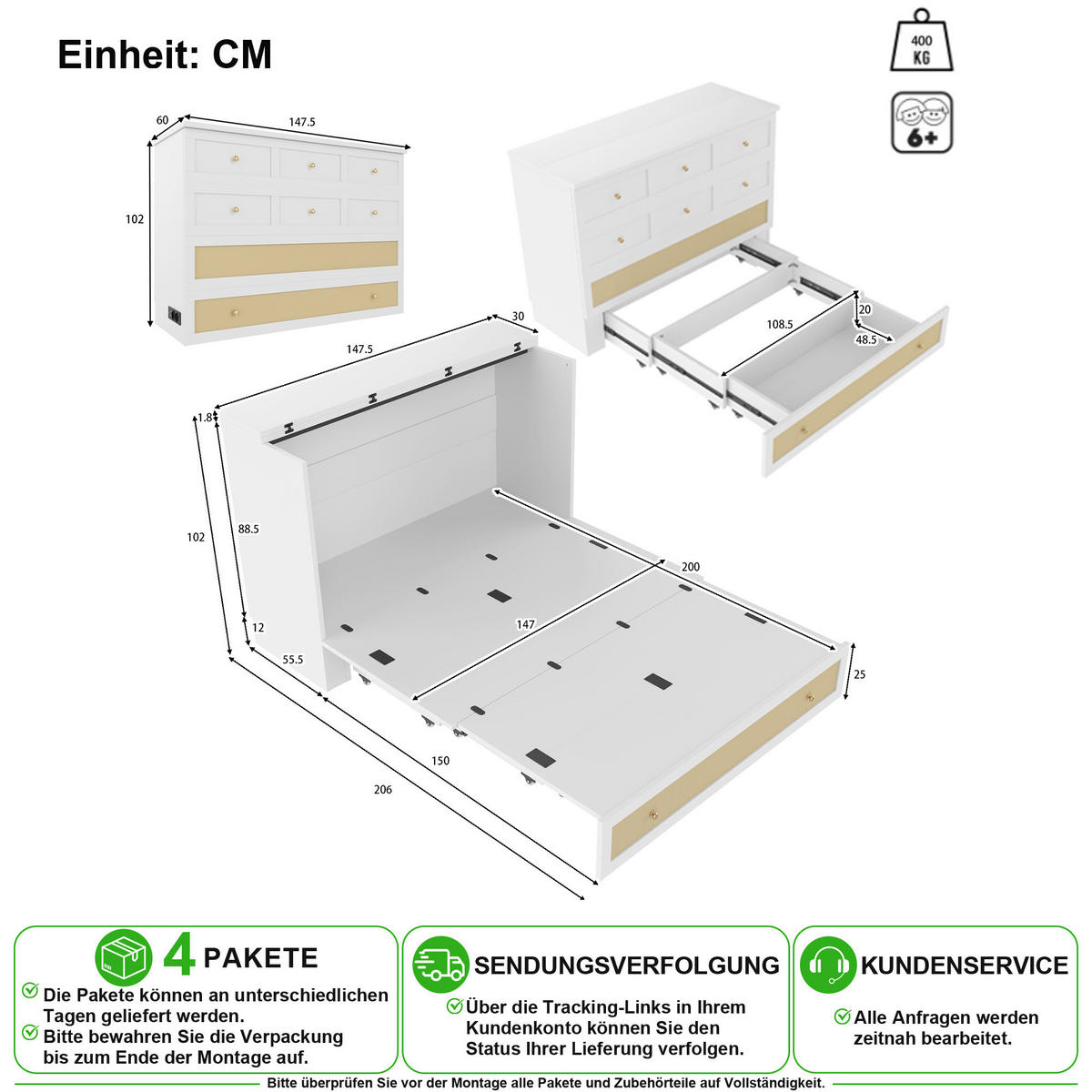 SCHRANKBETT 140/200 cm in Weiß mit Schublade, Regal, USB und Steckdose - Weiß, Holz/Holzwerkstoff (140/200cm) - CHICFURN