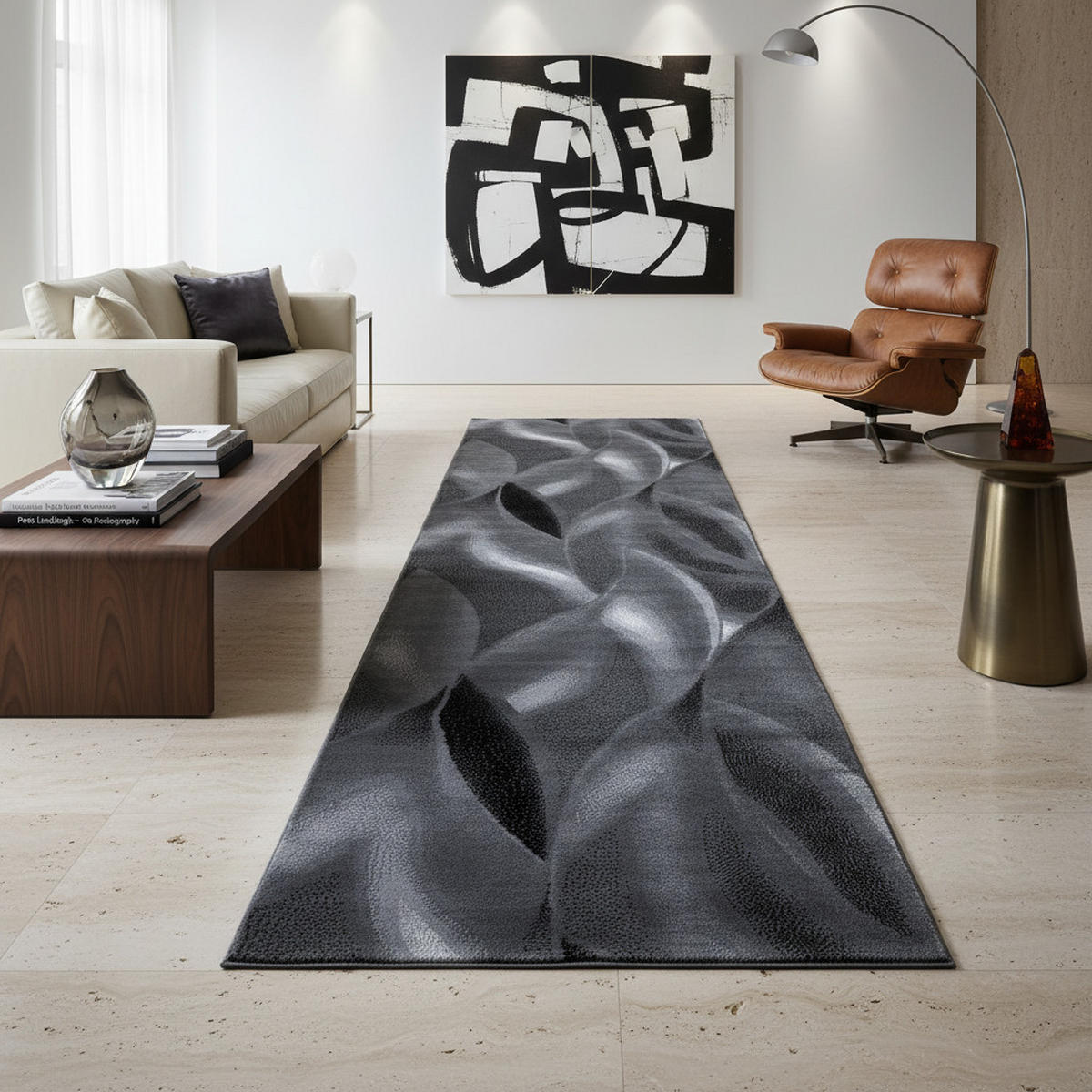 TEPPICH Kurzflor Abstrakte Wellen Polypropylen Wohnzimmer Schwarz Läufer 80x300 - Schwarz, Textil (80/300cm) - KADIMA DESIGN