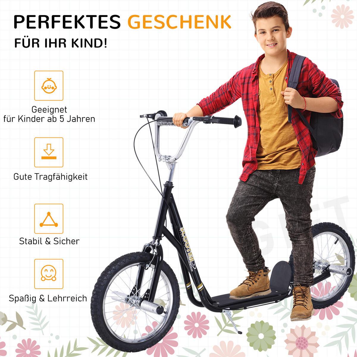 KINDERROLLER mit Luftreifen Scooter Roller Kinder Roller Kickboard 16'' Schwarz - Schwarz, Metall (143/58/100cm) - HOMCOM