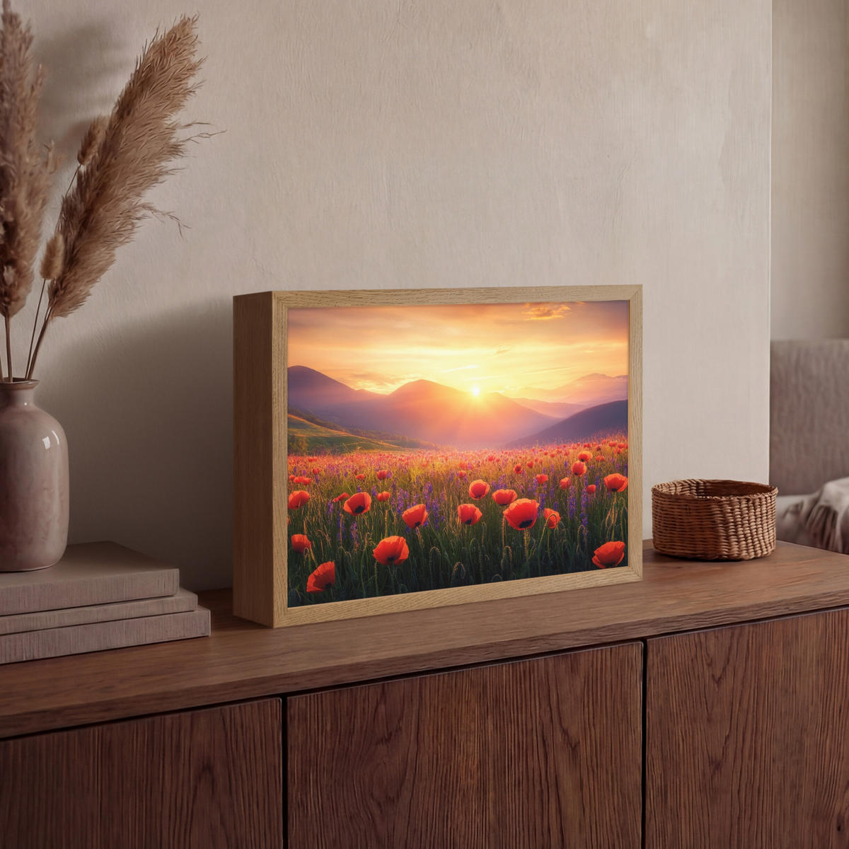 WANDLEUCHTE MIT AKKU Landschaft - Sonnenuntergang - Blumenfeld 40x30 cm - Rot, Holzwerkstoff (40/30/8cm) - OnlyWow