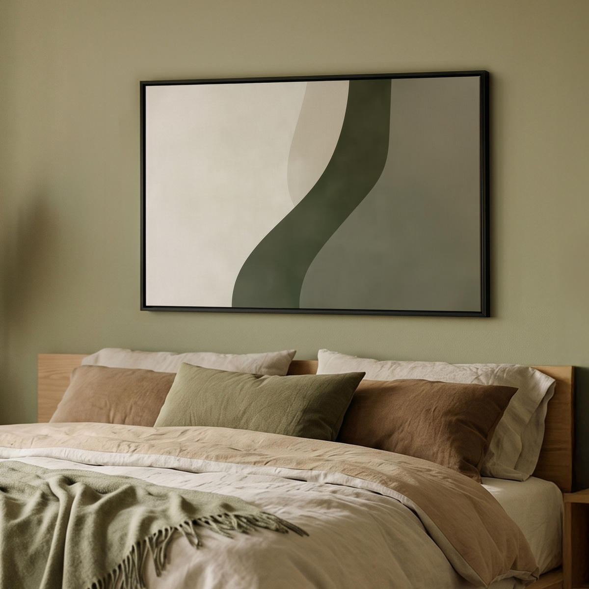 LEINWAND Bilder mit Rahmen - Japandi - Grün - Abstrakt - Modern - 90x60 - Salbeigrün, Textil (90/60cm) - MuchoWow