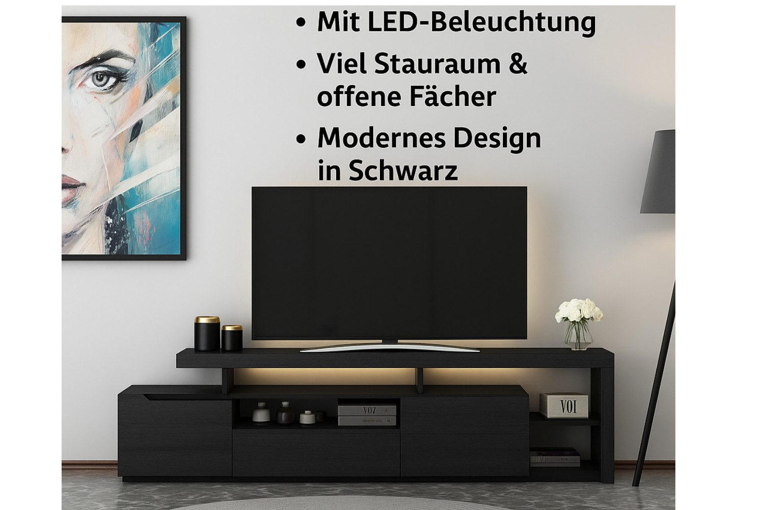TV-LOWBOARD 192 x53x37cm Schwarz mit LED-Beleuchtung - Schwarz, Holzwerkstoff (192/53/37cm) - Ibonto