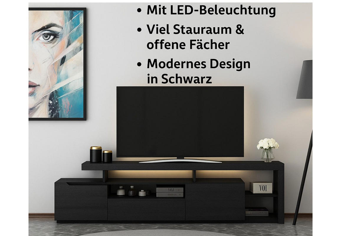 TV-LOWBOARD 192 x53x37cm Schwarz mit LED-Beleuchtung - Schwarz, Holzwerkstoff (192/53/37cm) - Ibonto