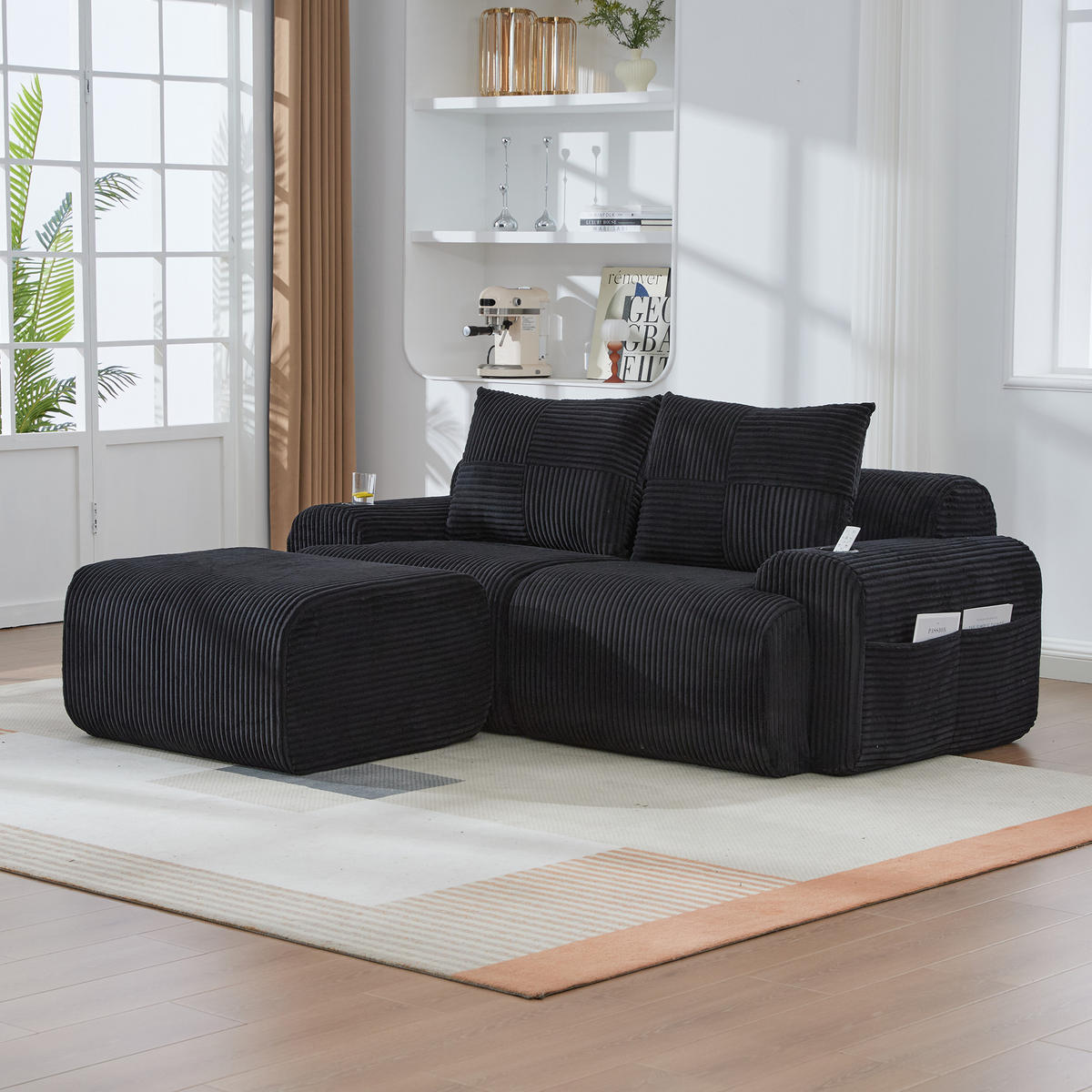 MODULARES 2-Sitzer Cordsofa mit Hocker Getränkehalter und Seitentasche 200/174/80 cm Schwarz - Schwarz, Textil (174/200cm) - Redom