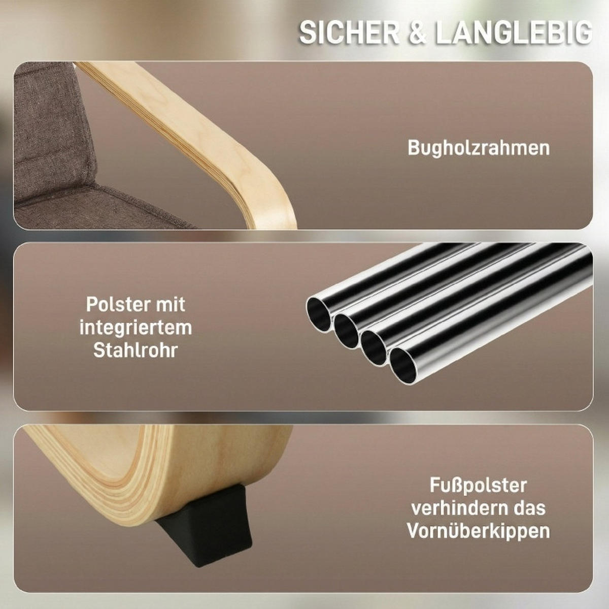 RELAXSESSEL in Braun 94x66,5x100 cm mit 5-fach verstellbarer Beinstütze und Birkenholzrahmen - Braun, Textil (66.5/100/94cm) - IVMEU