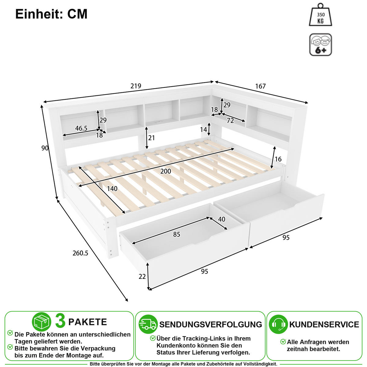 SCHLAFSOFA 140/200 cm in Weiß mit 2 Schubladen, USB und Steckdose - Weiß, Holz/Holzwerkstoff (140/200cm) - CHICFURN