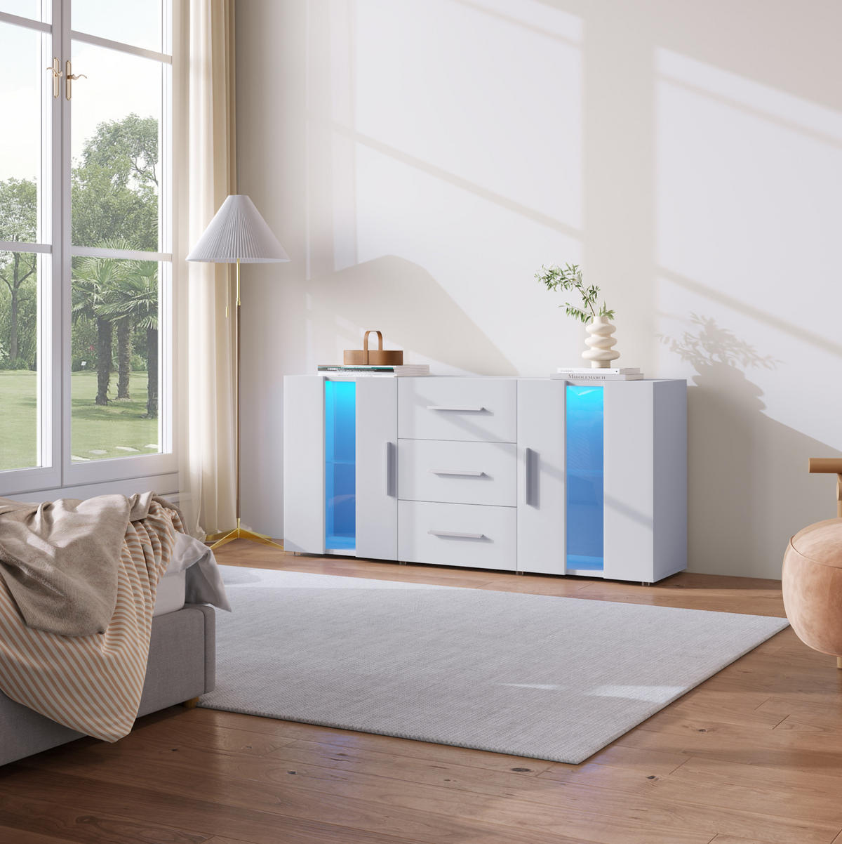 SIDEBOARD 140/35/70 cm Weiß aus MDF mit LED-Beleuchtung - Weiß, Holzwerkstoff (35/70/140cm) - OKMYHOME