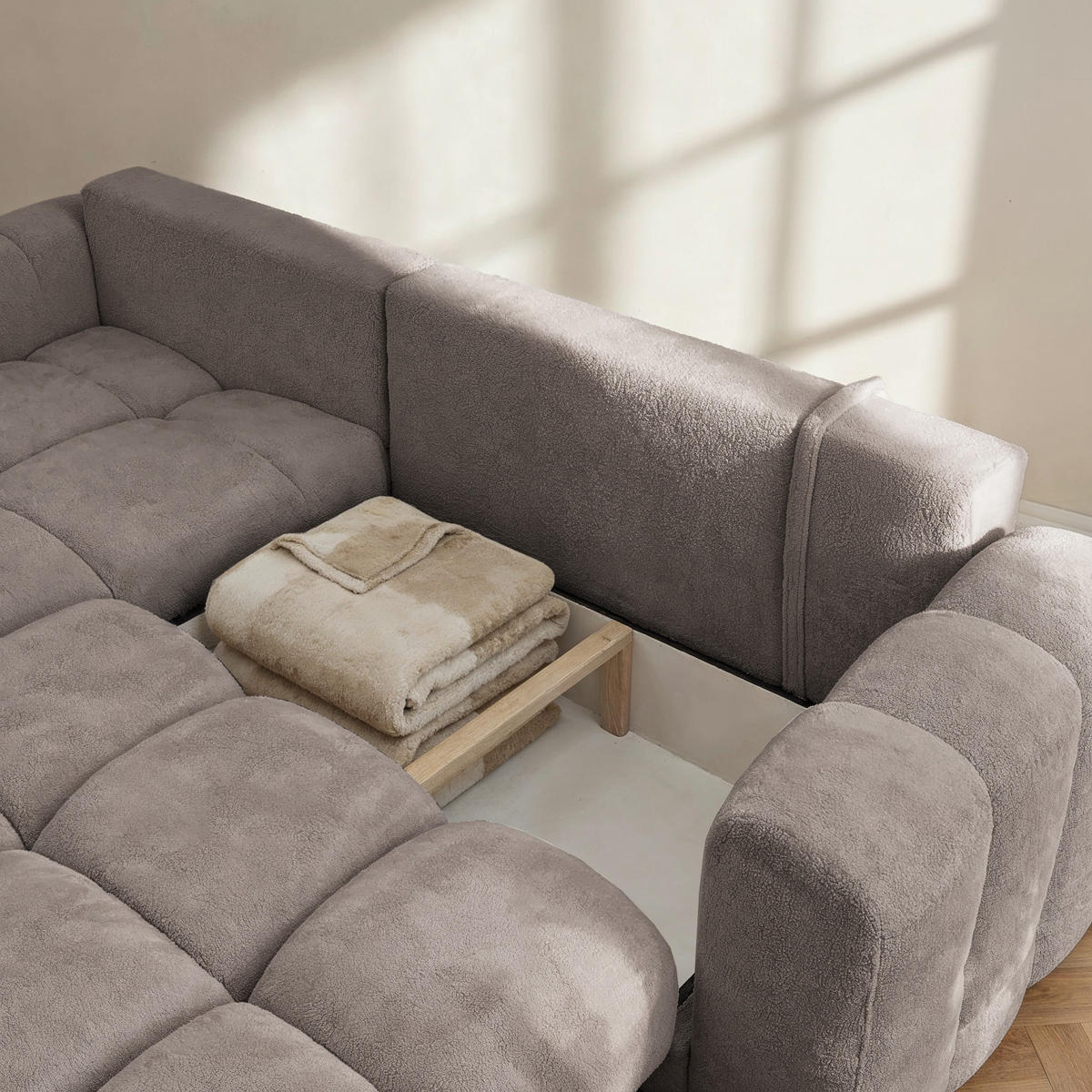 ECKSOFA CALM L Links mit Schlaffunktion 140x215 Webstoff beige - Beige/Schwarz, Holz/Kunststoff (261/151cm) - Muffo