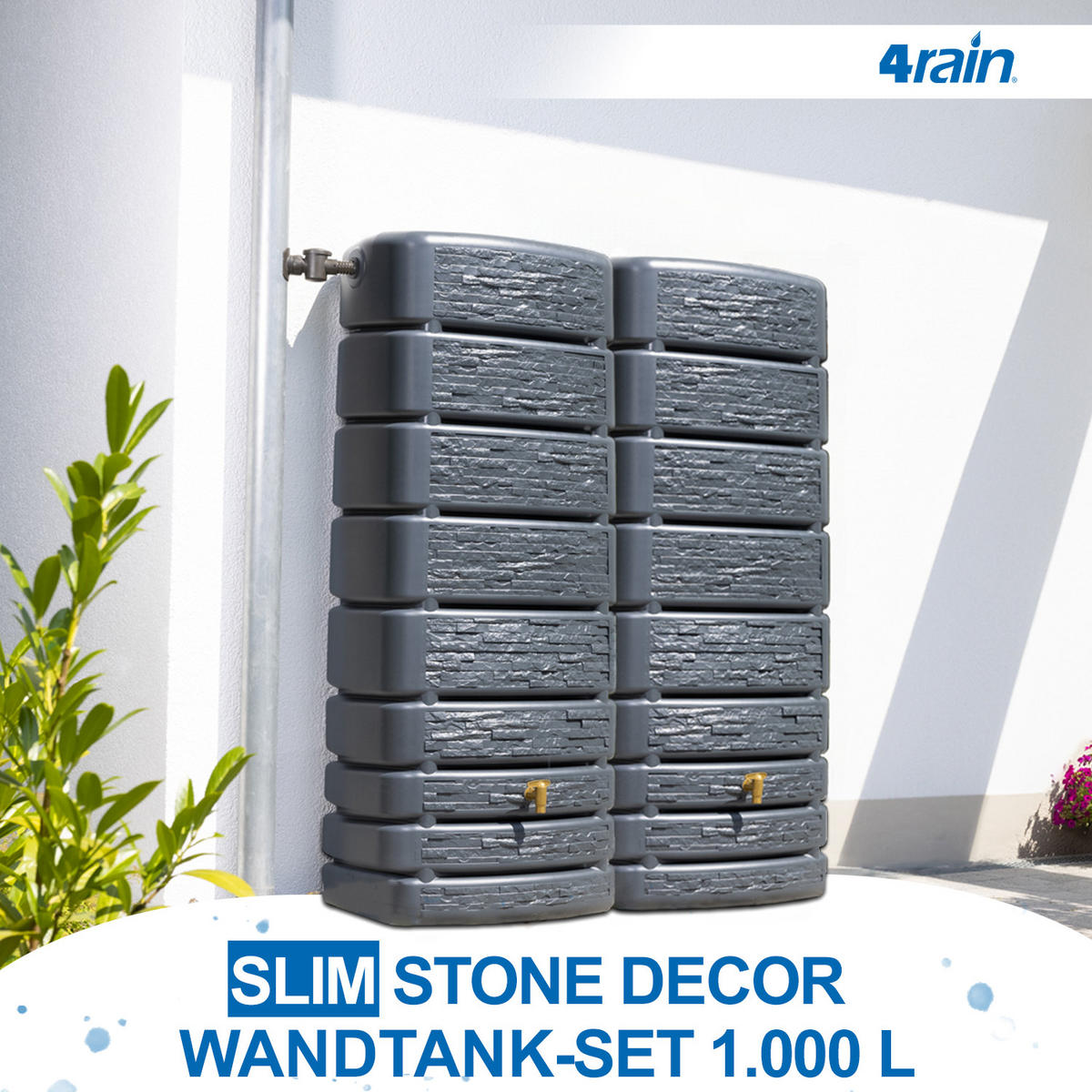 WANDTANK-SET 1000 L, graphite grey 2 x 500 L, inkl. Verbinder - Grau, Kunststoff (51/184/155cm) - 4rain