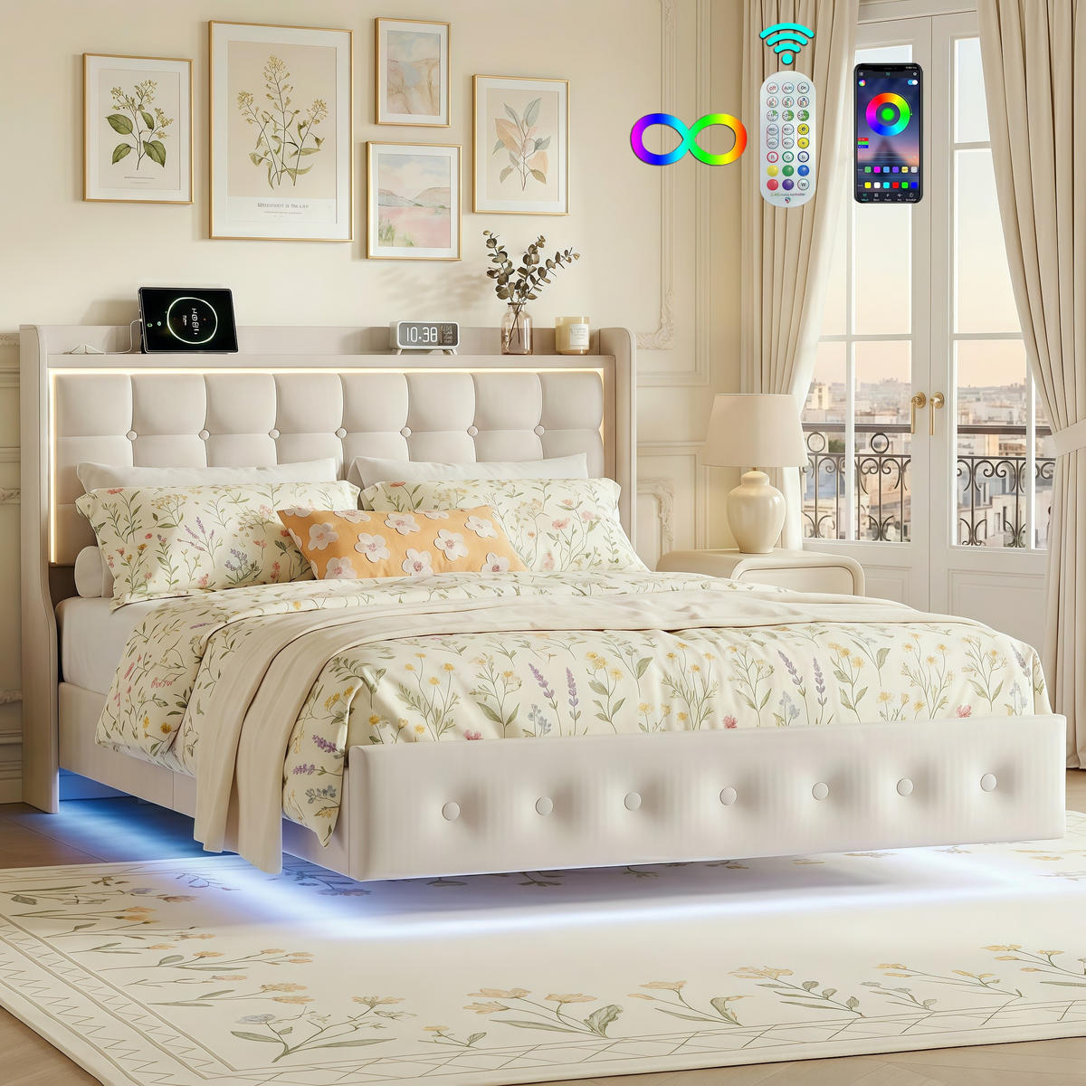 POLSTERBETT 160x200 cm - Polsterbettgestell mit LED-Kopfteil, USB-Anschlüssen und Lattenrost, Erwachsenen- und Jugendbett - Beige - Beige, Holzwerkstoff (160/200cm) - Brevoria