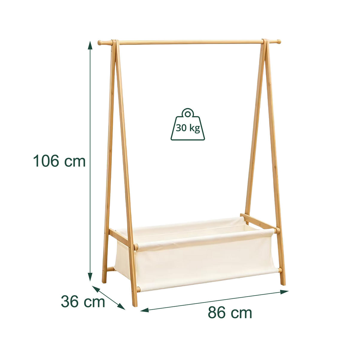 VĚŠÁK přírodní bílý dětský bambusový s látkovým košem 106x86x36 cm - různobarevná, dřevo/textil (86/106/36cm) - Relaxdays