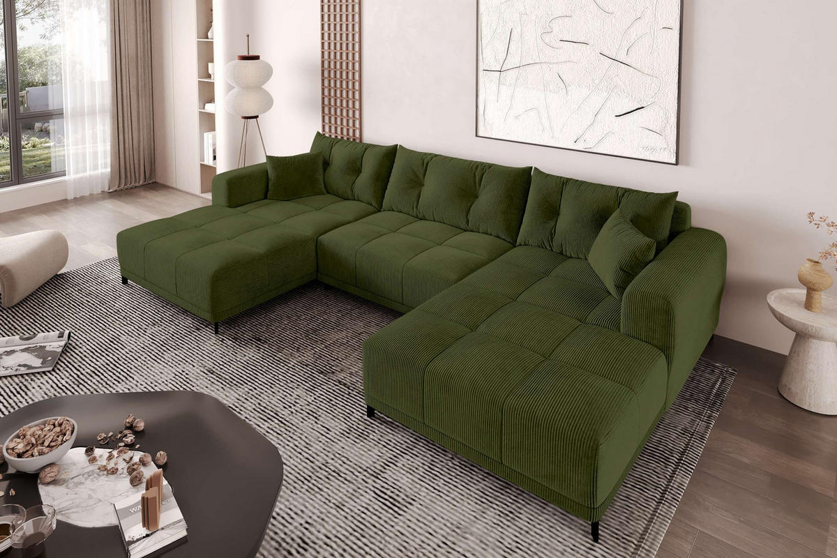 WOHNLANDSCHAFT Massimo Cordstoff Olivgrün inkl. Schlaffunktion - Schwarz/Olivgrün, Textil/Metall (356/94/181cm) - 99rooms