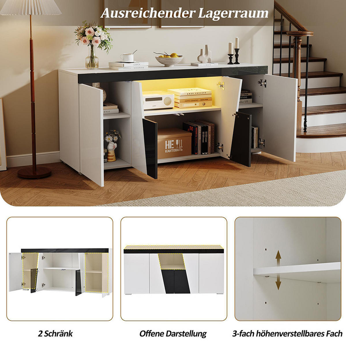 SIDEBOARD 140 x 40 x 65 cm mit LED-Lichtleiste ,Abgewinkeltes Design - Weiß, Holzwerkstoff (40/65/140cm) - KOMHTOM
