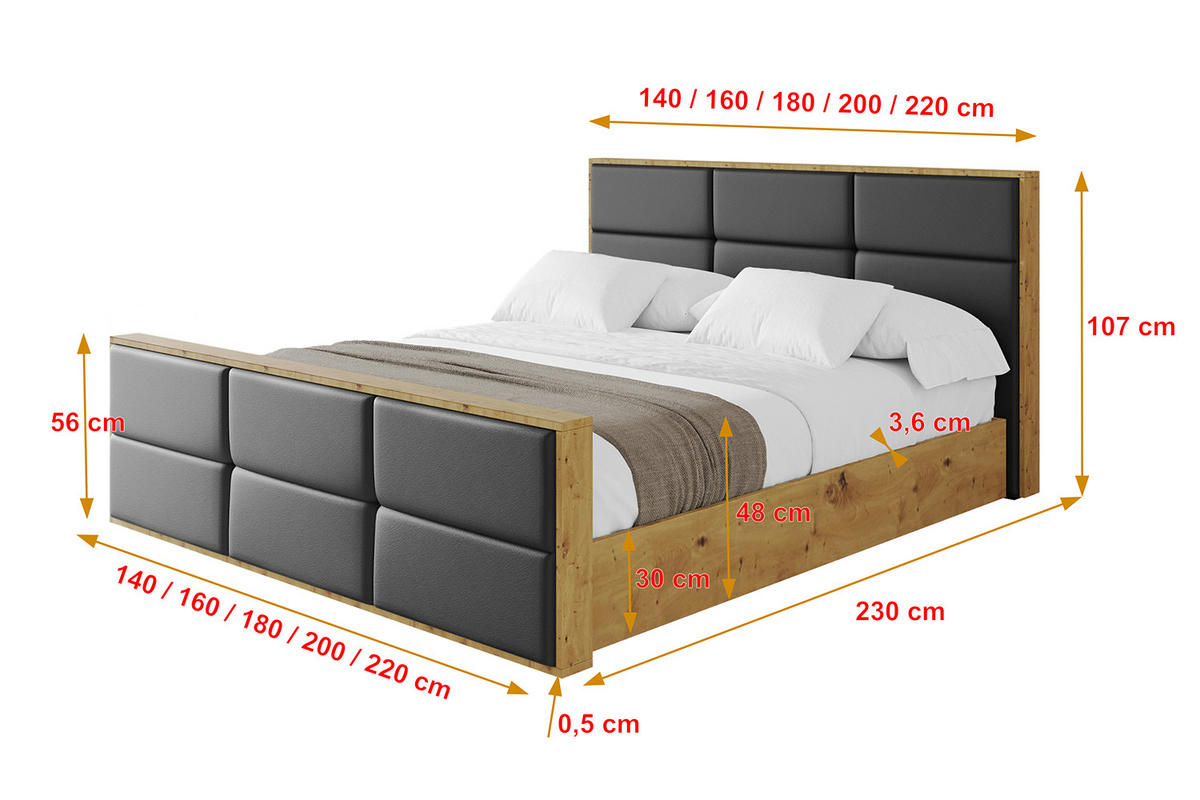 POLSTERBETT mit Bettkasten, Fußteil und Lattenrost, Boxbett mit Matratze H3/H4 - ENZO1-Z 180x200 Schwarz Kunstleder - Schwarz Hochglanz, Holzwerkstoff/Textil (180/200cm) - ALTDECOR