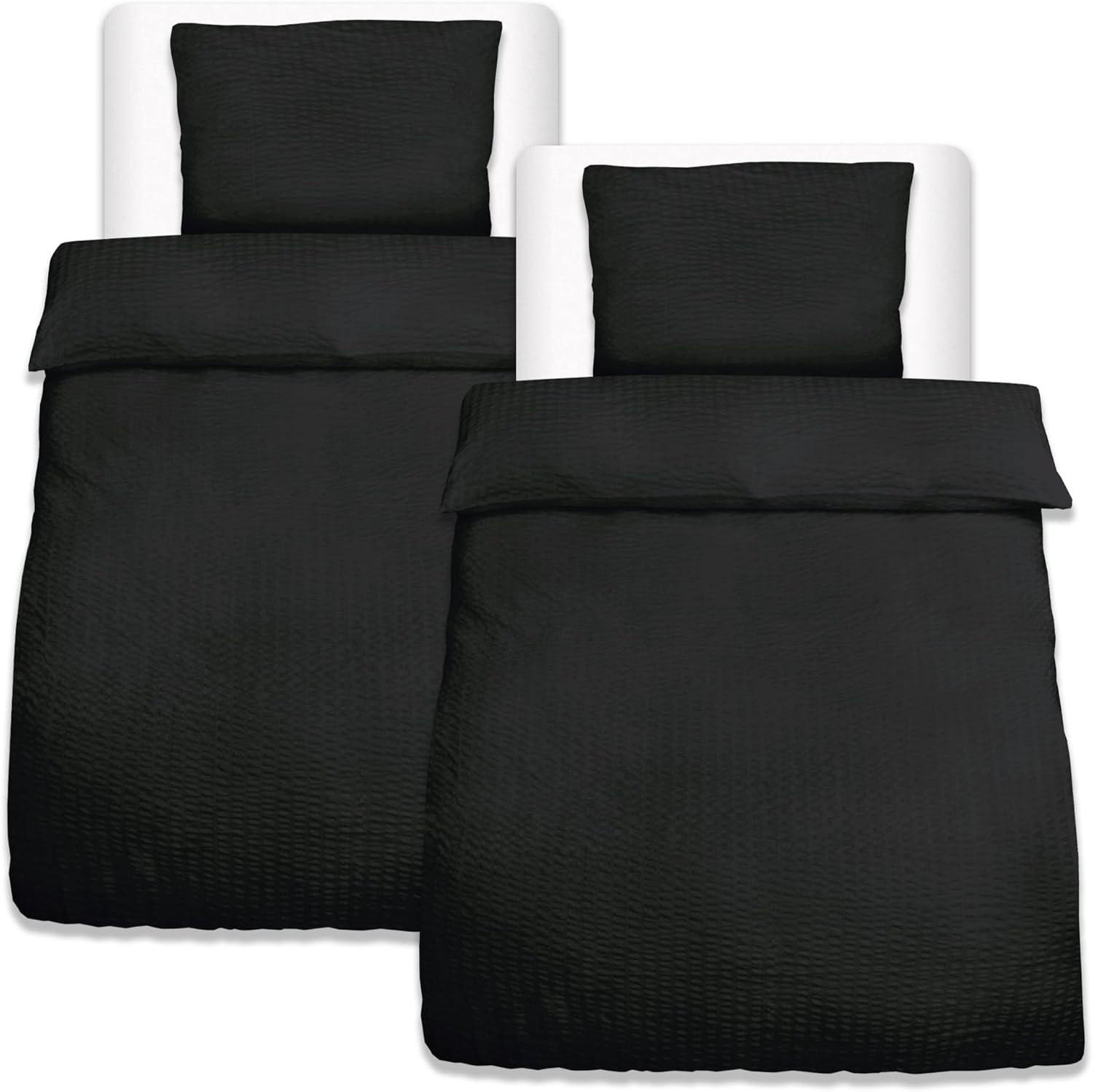 BETTBEZUG Meline 155x220cm + Kissenbezug 80x80cm Schwarz Seersucker (4tlg) - Schwarz, Textil (155/220cm) - Beautissu 