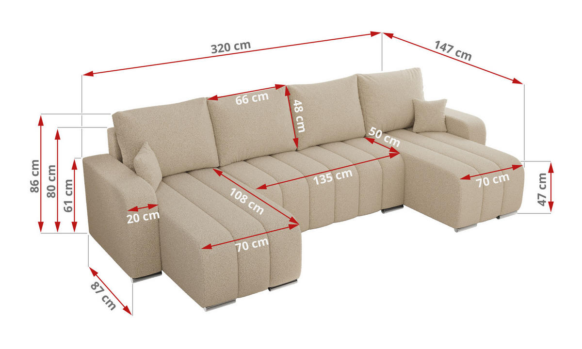 WOHNLANDSCHAFT KIRASSO U Beige Boucle - Beige/Grau, Textil/Metall (320/86/147cm) - MKS